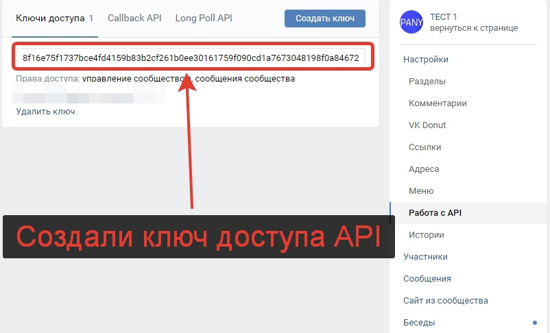 Созданный ключ API