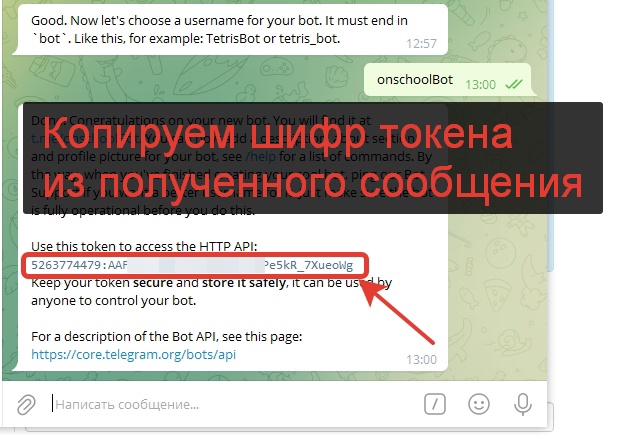 Копируем шифр токена из Telegram